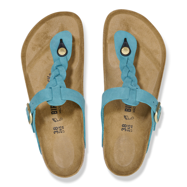 Birkenstock Gizeh Pleteni ženski natikači v biscay bay barvi oljeno usnje in ozko kopito 1026325