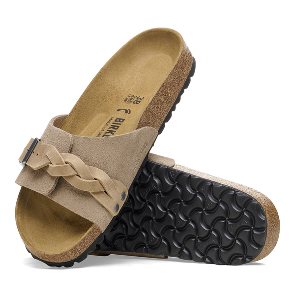 Birkenstock Pula Pleteni semiš usnje v bež barvi ozko kopito 1026730