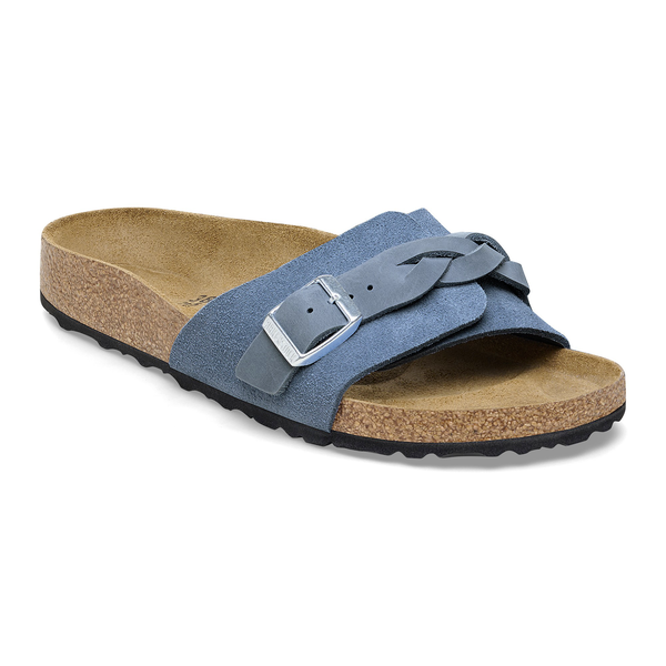 Birkenstock Oita Pleteni semiš usnje v elemental blue barvi ozko kopito 1026629