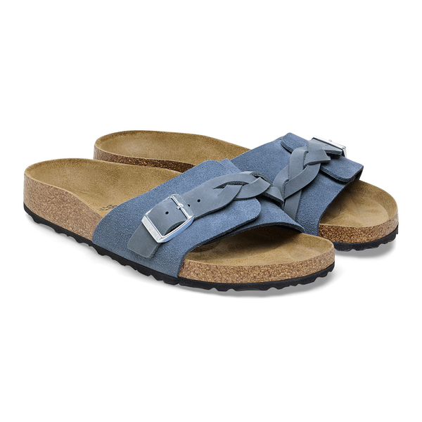 Birkenstock Oita Pleteni semiš usnje v elemental blue barvi ozko kopito 1026629