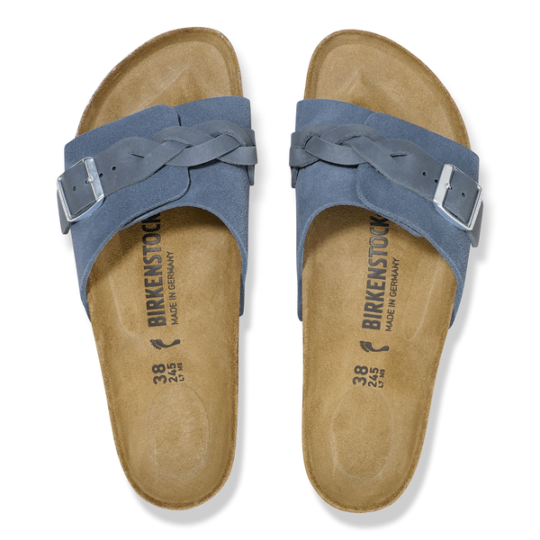 Birkenstock Oita Pleteni semiš usnje v elemental blue barvi ozko kopito 1026629
