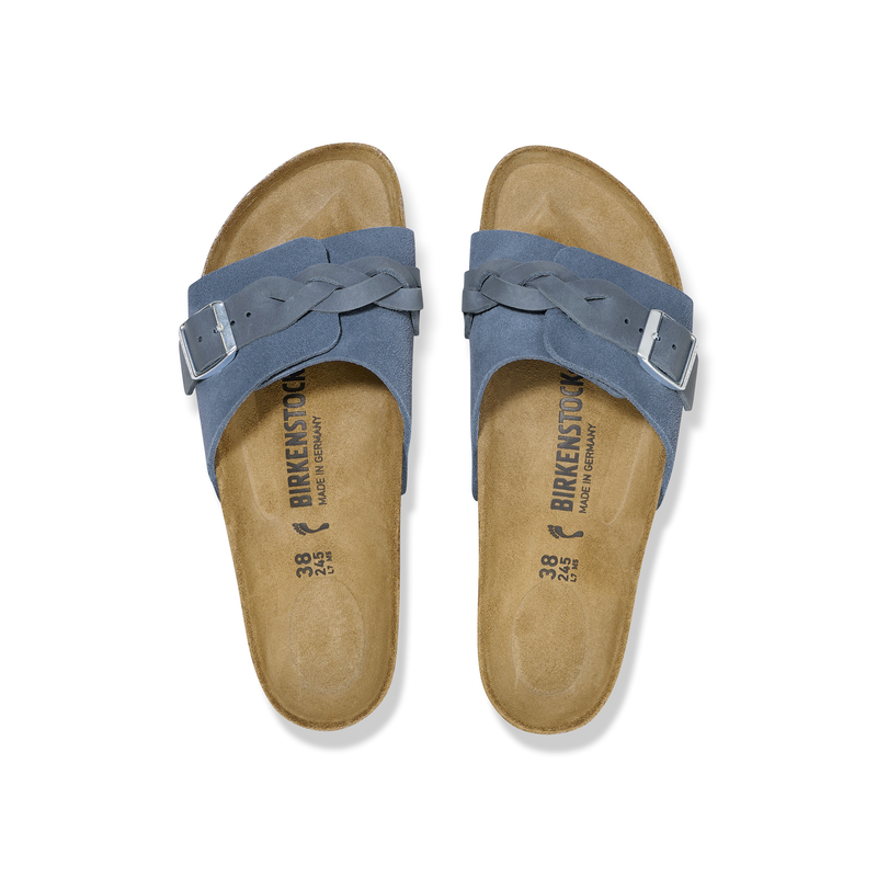 Birkenstock Oita Pleteni semiš usnje v elemental blue barvi ozko kopito 1026629